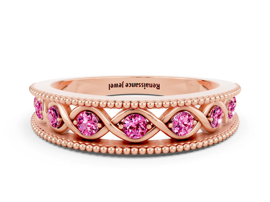 Rose gold Round Pink Sapphire Twist Milgrain Band with Bezel Setting_12