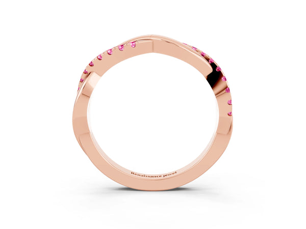 Rose Gold Round Lab-Grown Pink Sapphire Half Eternity Infinity Twist Wedding Band