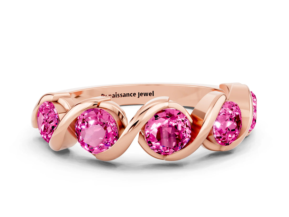 Rose gold Round Pink Sapphire Wave Band with Channel Setting and Shared Prongs_6