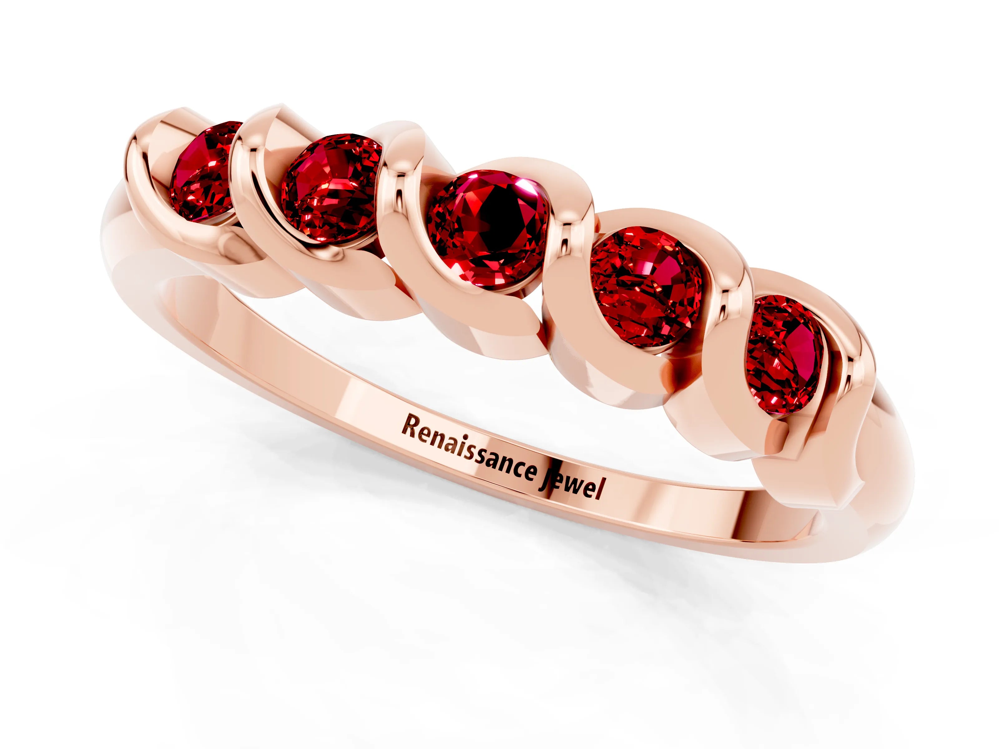 Rose gold Round Ruby Eternity Band with Twist Prong Setting_7