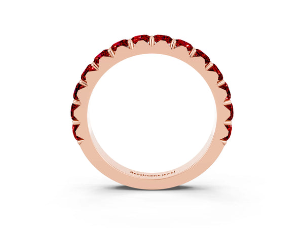 Rose Gold Round Lab-Grown Ruby Half Eternity Band with Claw Prong Setting