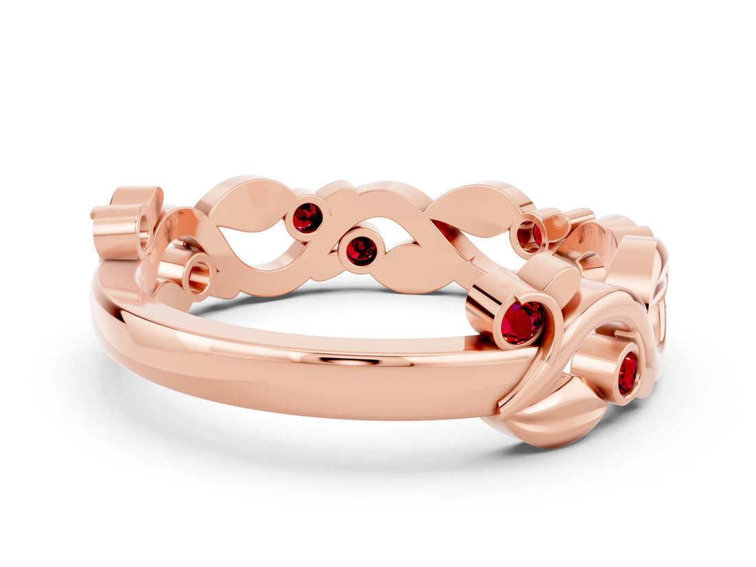 Rose gold Round Ruby Leaf Eternity Band with Bezel Setting_52