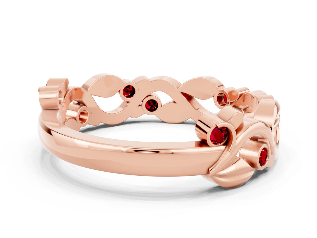 Rose gold Round Ruby Leaf Eternity Band with Bezel Setting_78