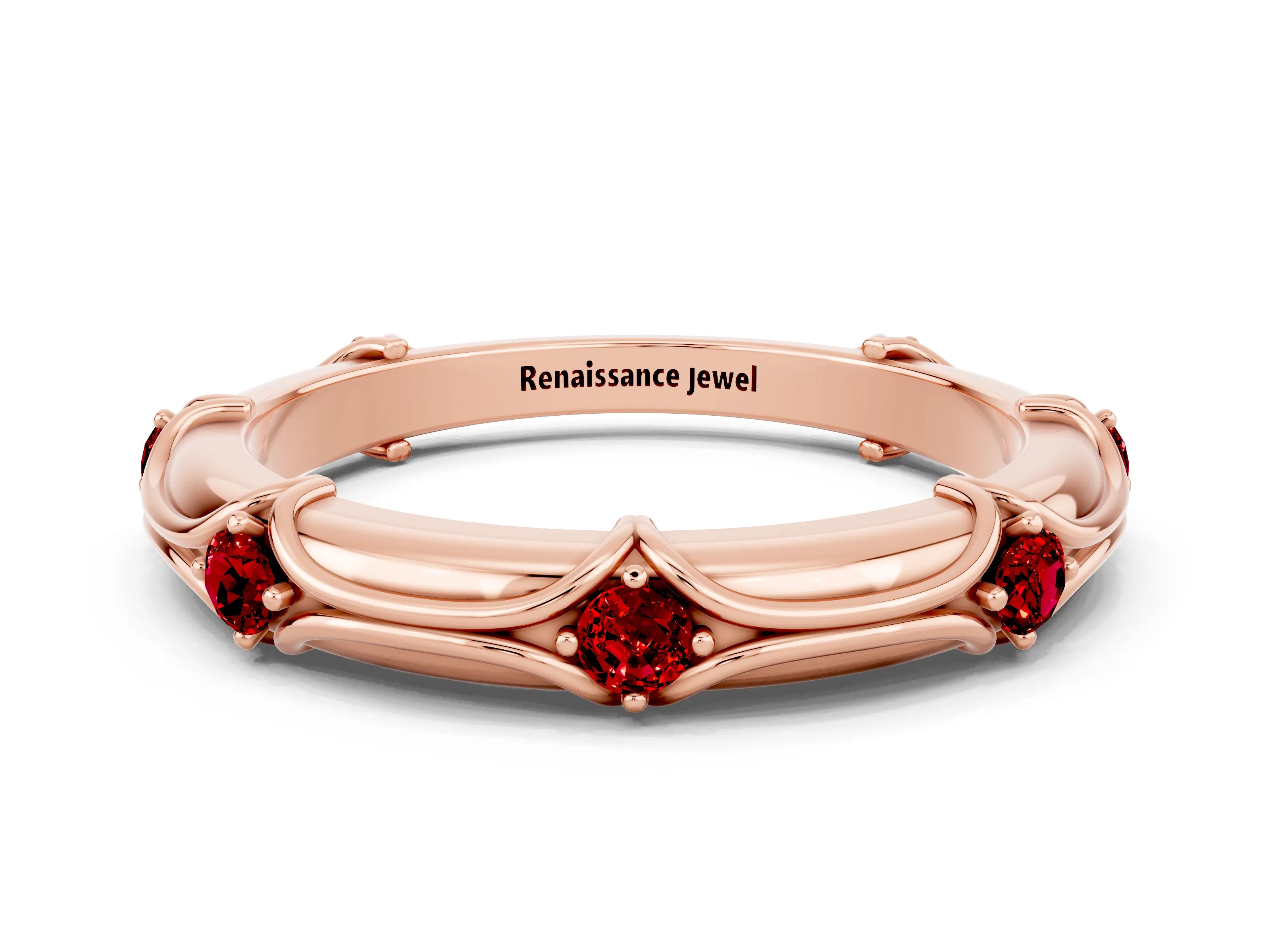 Rose gold Round Ruby Prong Set Milgrain Eternity Band_6