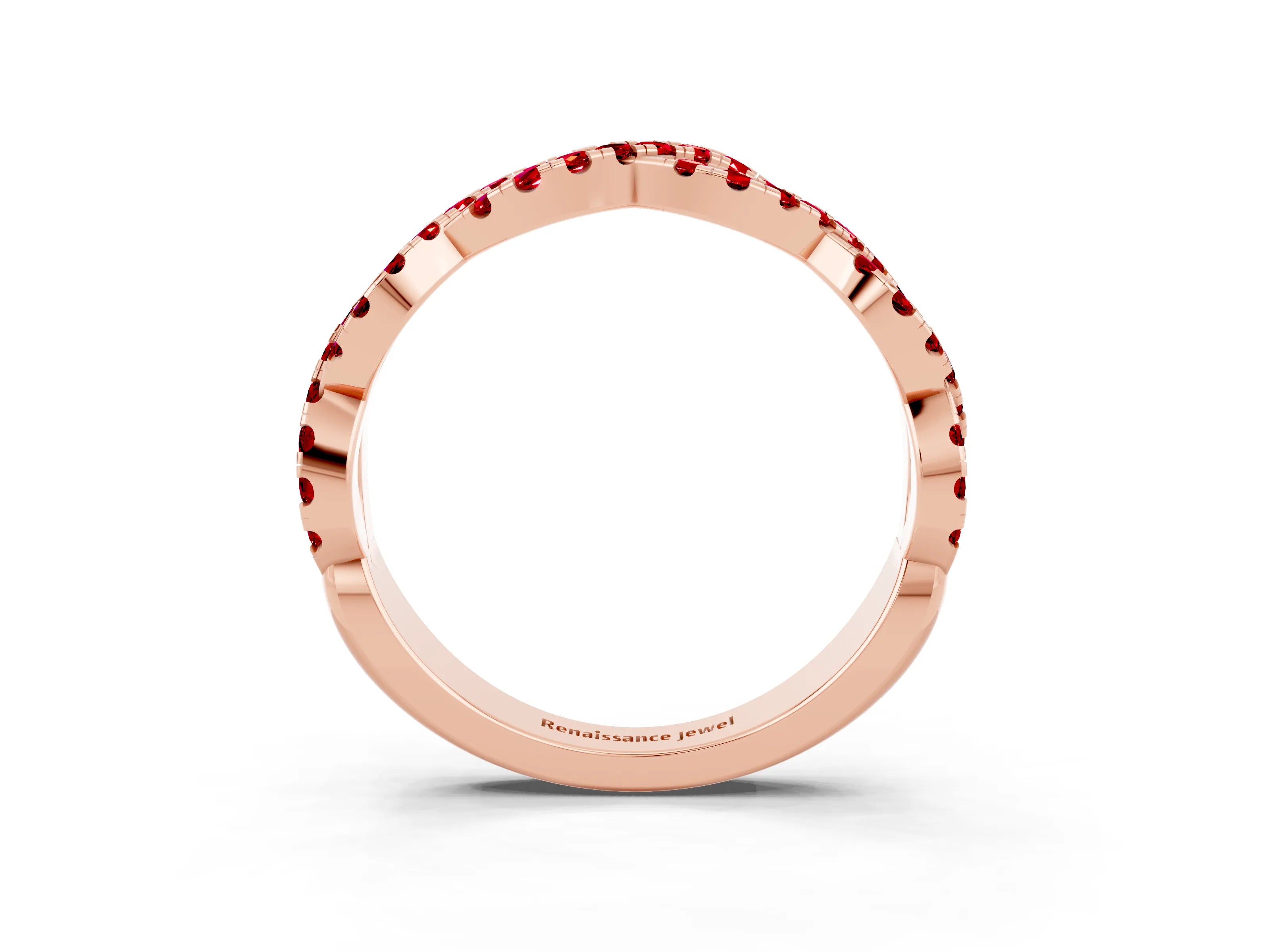 Rose gold Round Ruby Twisted Eternity Band with Pavé and Shared Prong Setting_9