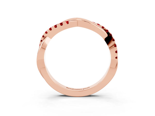Rose Gold Round Lab-Grown Ruby Half Eternity Infinity Twist Wedding Band