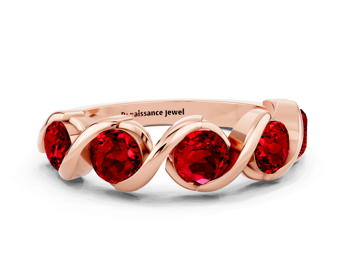 Rose gold Round Ruby Wave Band with Channel Setting and Shared Prongs_6