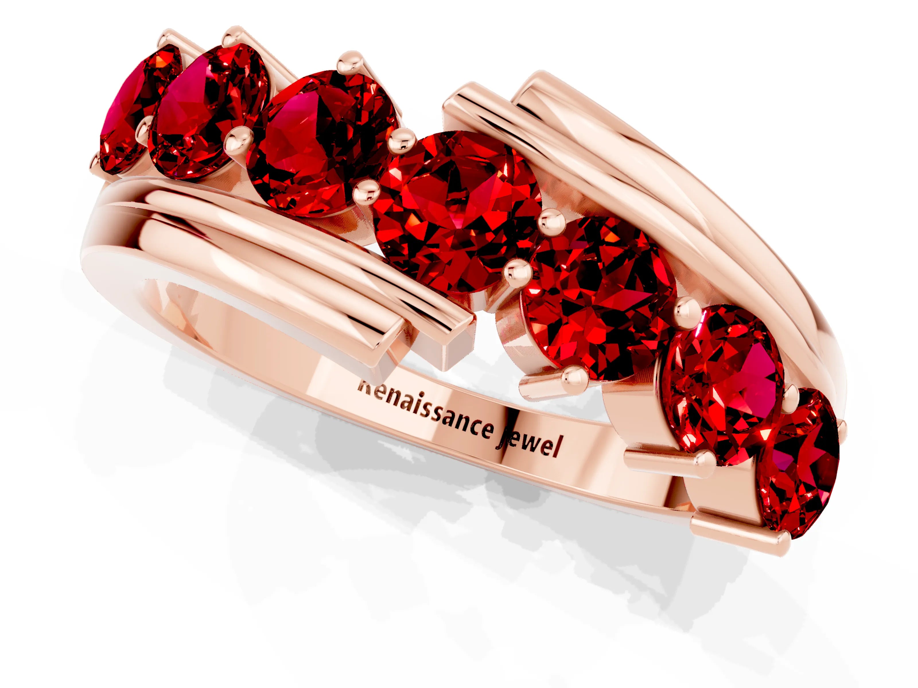 Rose gold Round Ruby Wave Band with Channel and Shared Prong Setting_19