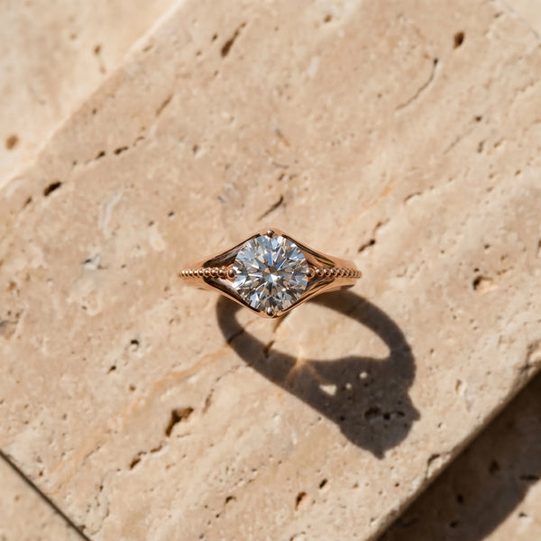 Rose gold Round Solitaire Beaded Band Six-Prong Setting