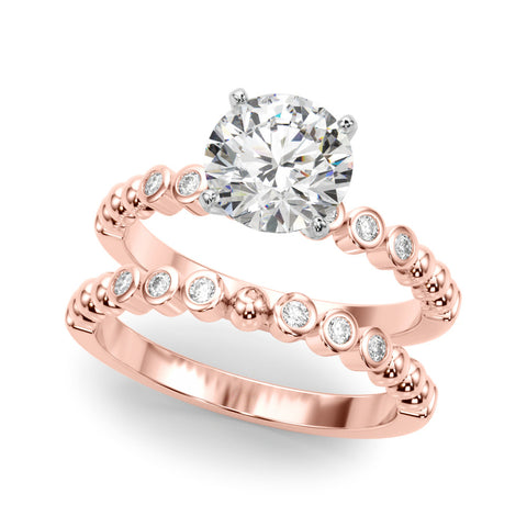 Rose gold Round Solitaire Bezel Accent Diamond Engagement Ring with Beaded Band and Four-Prong Setting 1