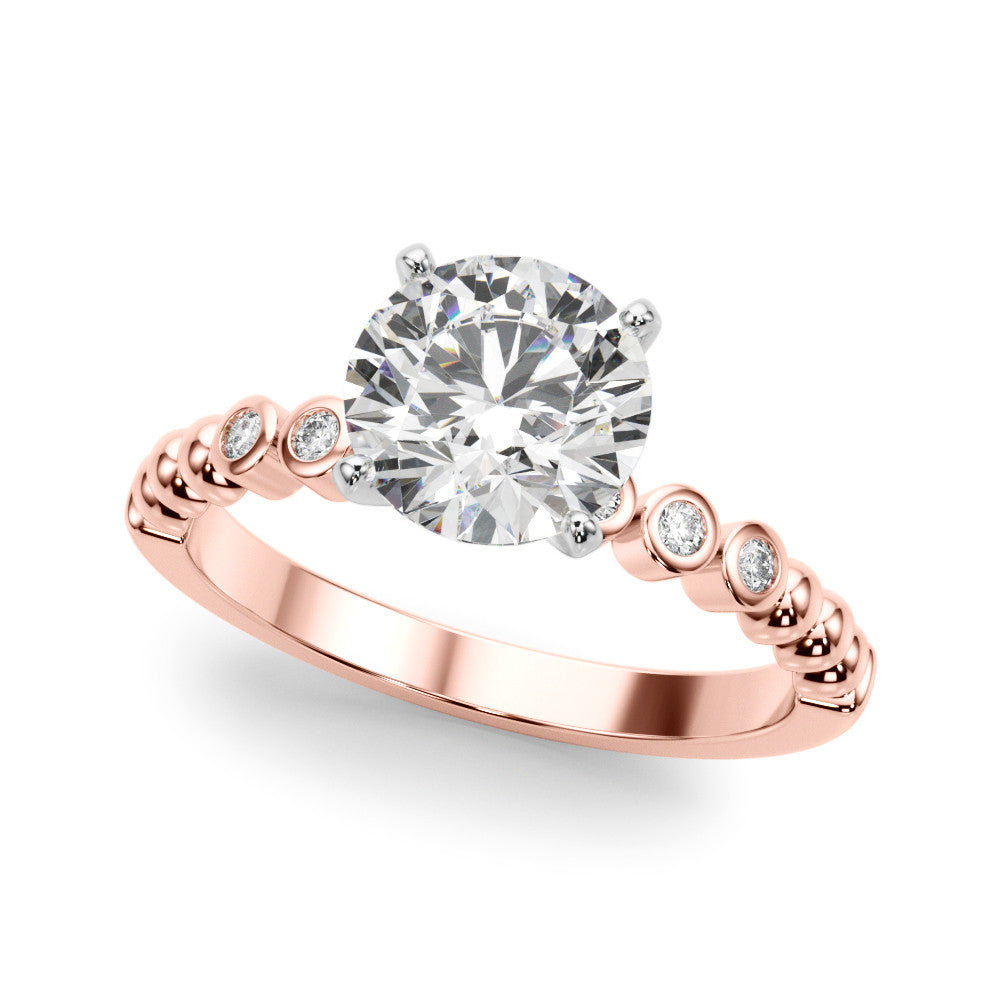Rose gold Round Solitaire Bezel Accent Diamond Engagement Ring with Beaded Band and Four-Prong Setting