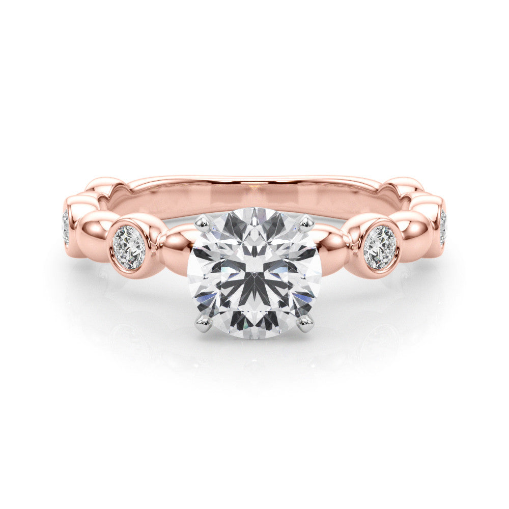 Rose gold Round Solitaire Bezel-Set Diamond Ring with Beaded Band and Four-Prong Setting 1