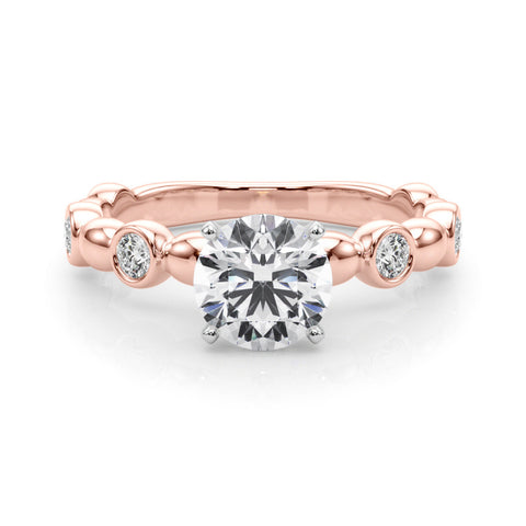Rose gold Round Solitaire Bezel-Set Diamond Ring with Beaded Band and Four-Prong Setting 1