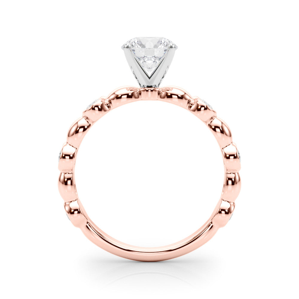 Rose gold Round Solitaire Bezel-Set Diamond Ring with Beaded Band and Four-Prong Setting 2
