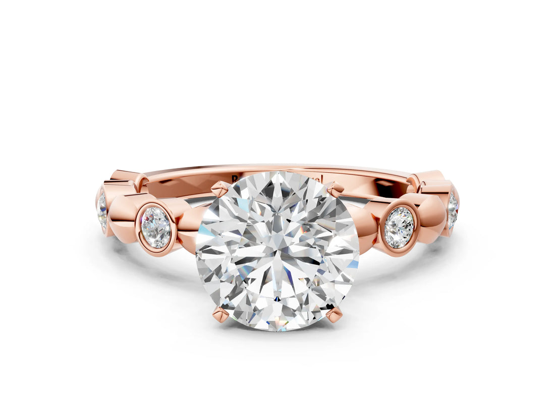 Rose gold Round Solitaire Bezel-Set Diamond Ring with Beaded Band and Four-Prong Setting_55
