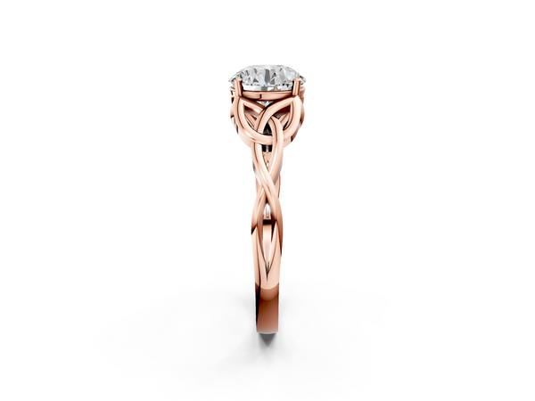 Rose gold Round Cut Diamond Solitaire Engagement Ring with Celtic Knot Band and Four-Prong Setting