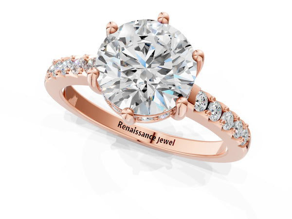 Rose Gold Round Hidden Halo Solitaire Engagement Ring Setting with Shared Prong Pave Band