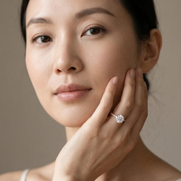 Rose gold Round Solitaire Diamond Engagement Ring with Pave Band and Six-Prong Setting