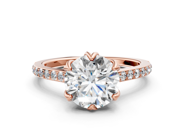 Rose gold Round Solitaire Diamond Engagement Ring with Pave Band and Six-Prong Setting