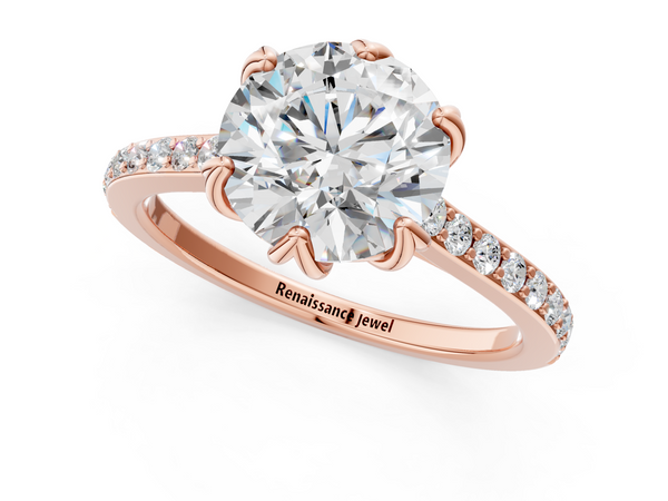 Rose gold Round Solitaire Diamond Engagement Ring with Pave Band and Six-Prong Setting