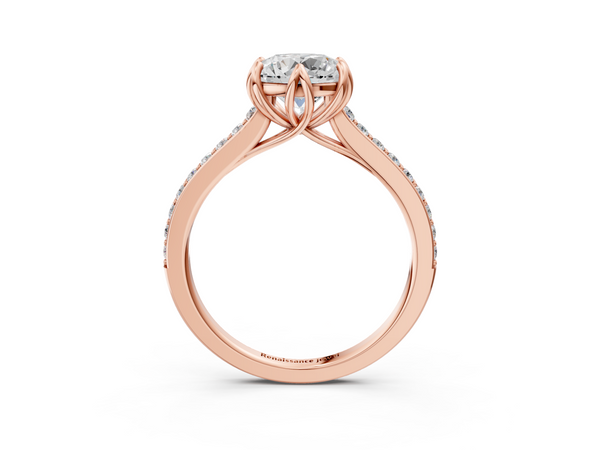 Rose gold Round Solitaire Diamond Engagement Ring with Pave Band and Six-Prong Setting
