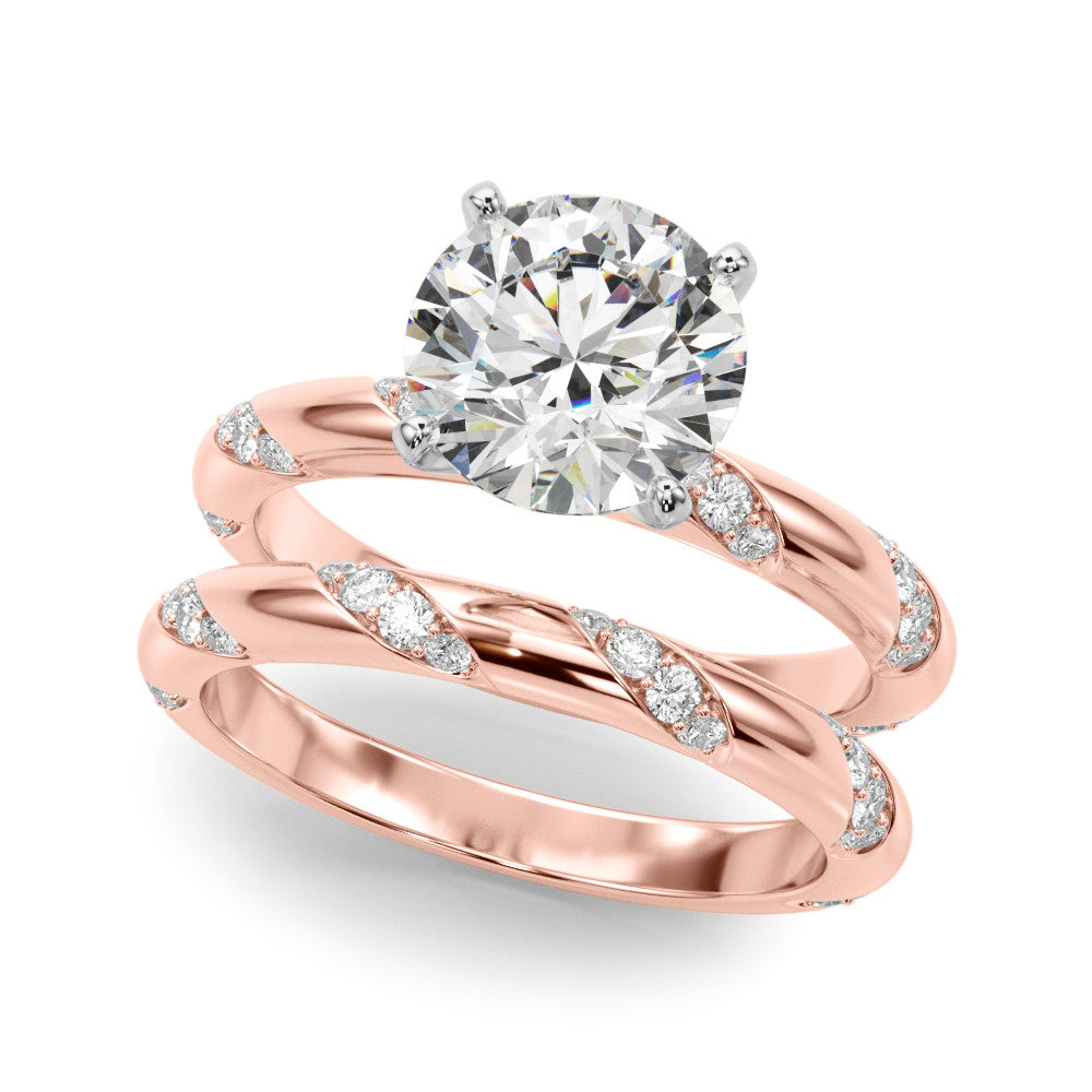 Rose gold Round Solitaire Diamond Engagement Ring with Twisted Pave Band and Four-Prong Setting 1