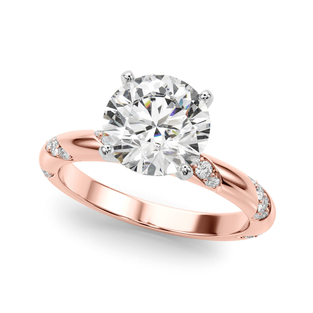 Rose gold Round Solitaire Diamond Engagement Ring with Twisted Pave Band and Four-Prong Setting
