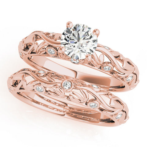 Rose gold Round Solitaire Diamond Leaf Vine Band with Prong Setting 1
