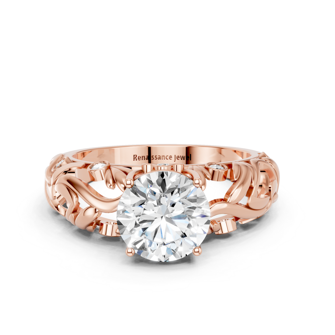 14K Rose Gold 1.00 Carat E VS1 Round Solitaire Diamond Leaf Vine Band with Prong Setting