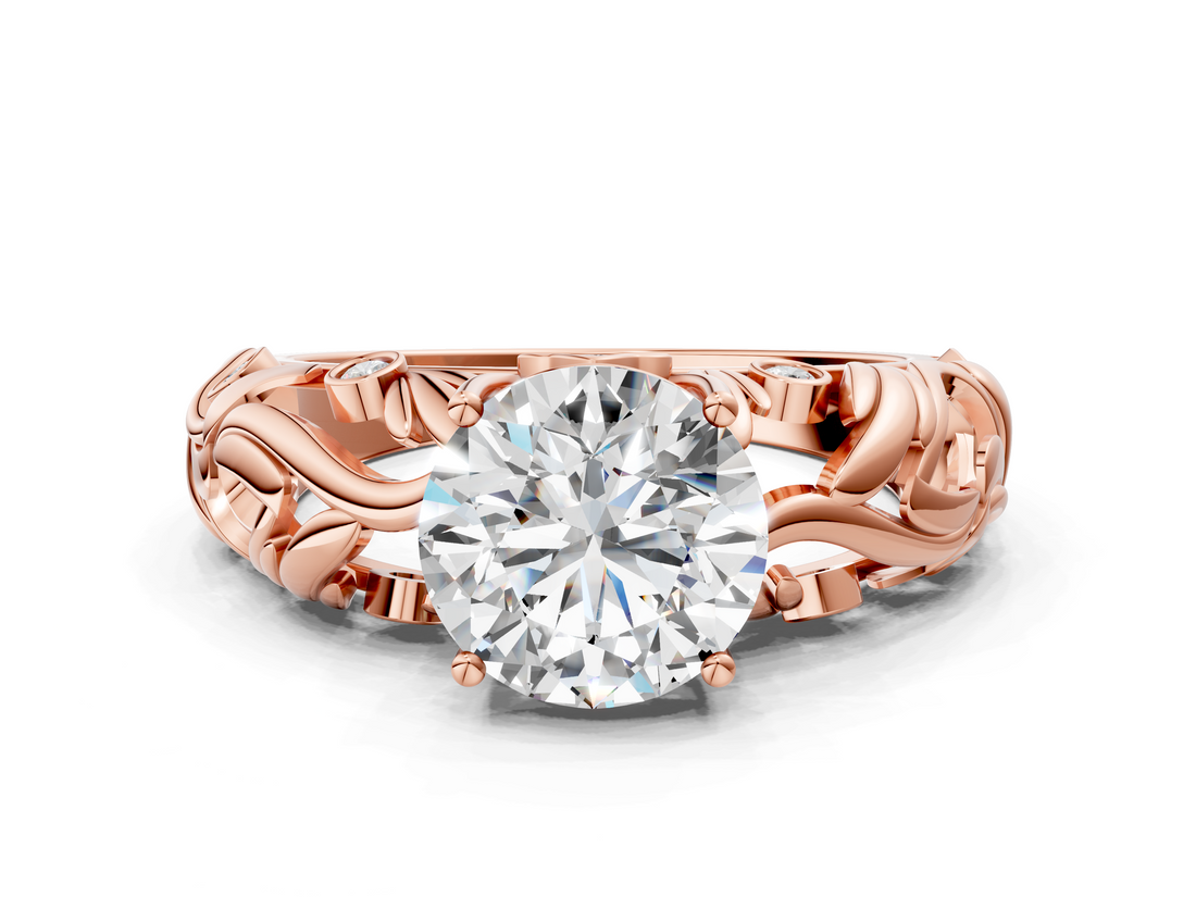 Rose gold Round Solitaire Diamond Leaf Vine Band with Prong Setting_39