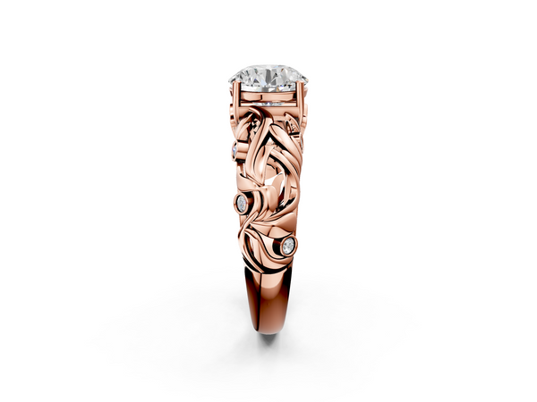 Rose Gold Round Leaf Vine Solitaire Engagement Ring Setting with Bezel-Set Accents