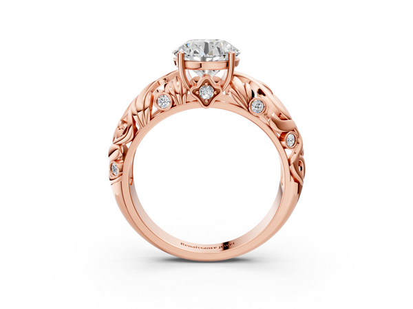 Rose Gold Round Leaf Vine Solitaire Engagement Ring Setting with Bezel-Set Accents