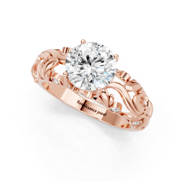 14K Rose Gold 1.00 Carat E VS1 Round Solitaire Diamond Leaf Vine Band with Prong Setting