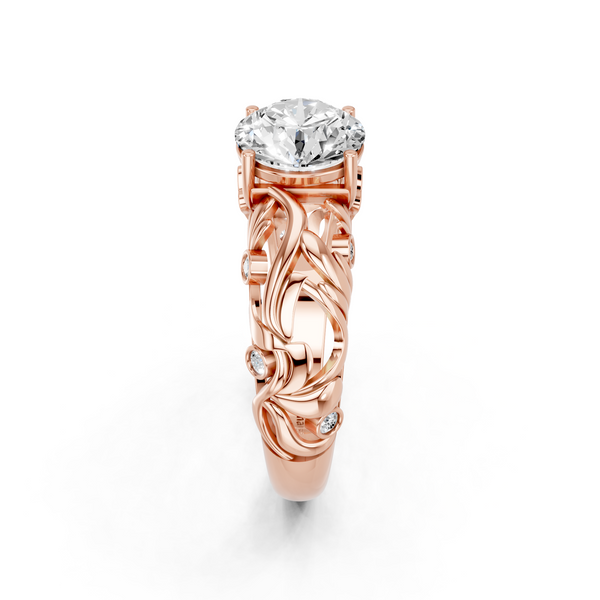 14K Rose Gold 1.00 Carat E VS1 Round Solitaire Diamond Leaf Vine Band with Prong Setting