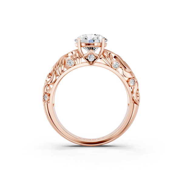 14K Rose Gold 1.00 Carat E VS1 Round Solitaire Diamond Leaf Vine Band with Prong Setting