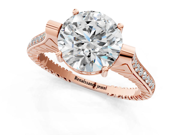 Rose Gold Round Vintage Cathedral Engagement Ring Setting with Engraved Sides and Pave