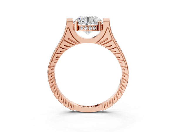 Rose Gold Round Vintage Cathedral Engagement Ring Setting with Engraved Sides and Pave