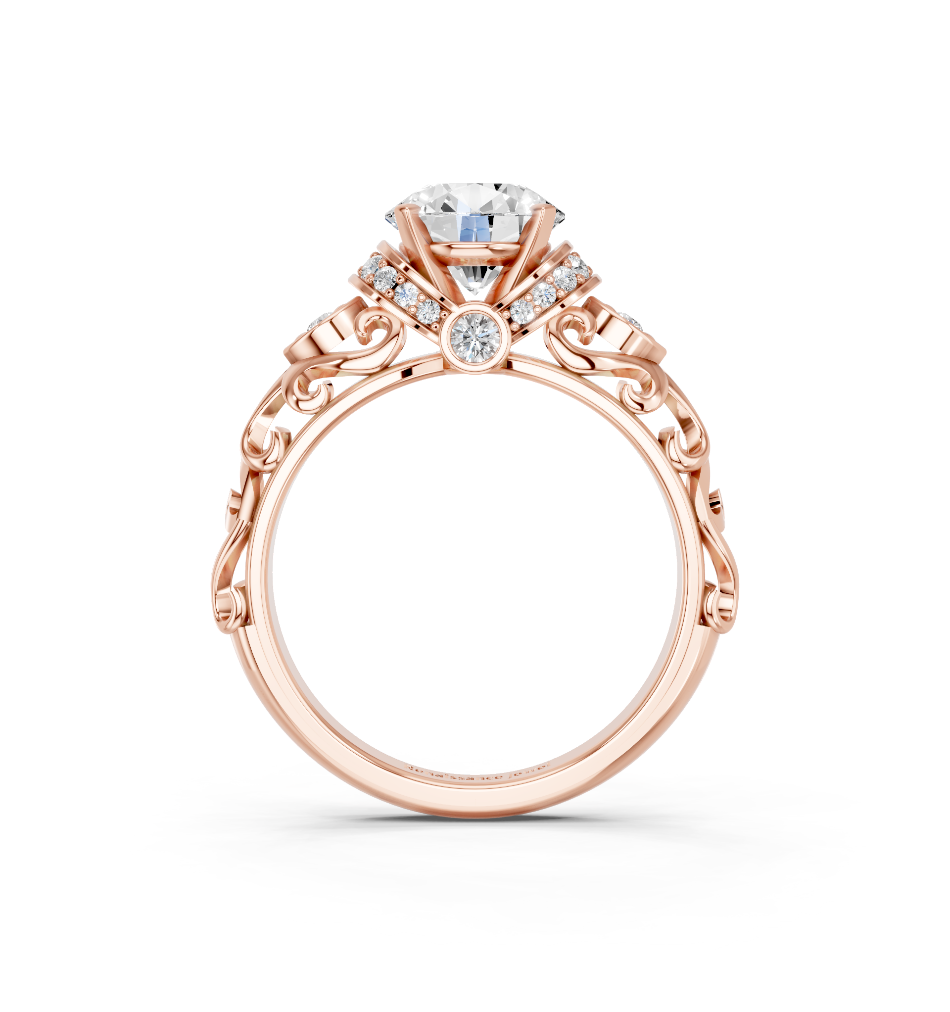 Rose gold Round Solitaire Diamond Ring with Filigree Band and Four-Prong Setting_10