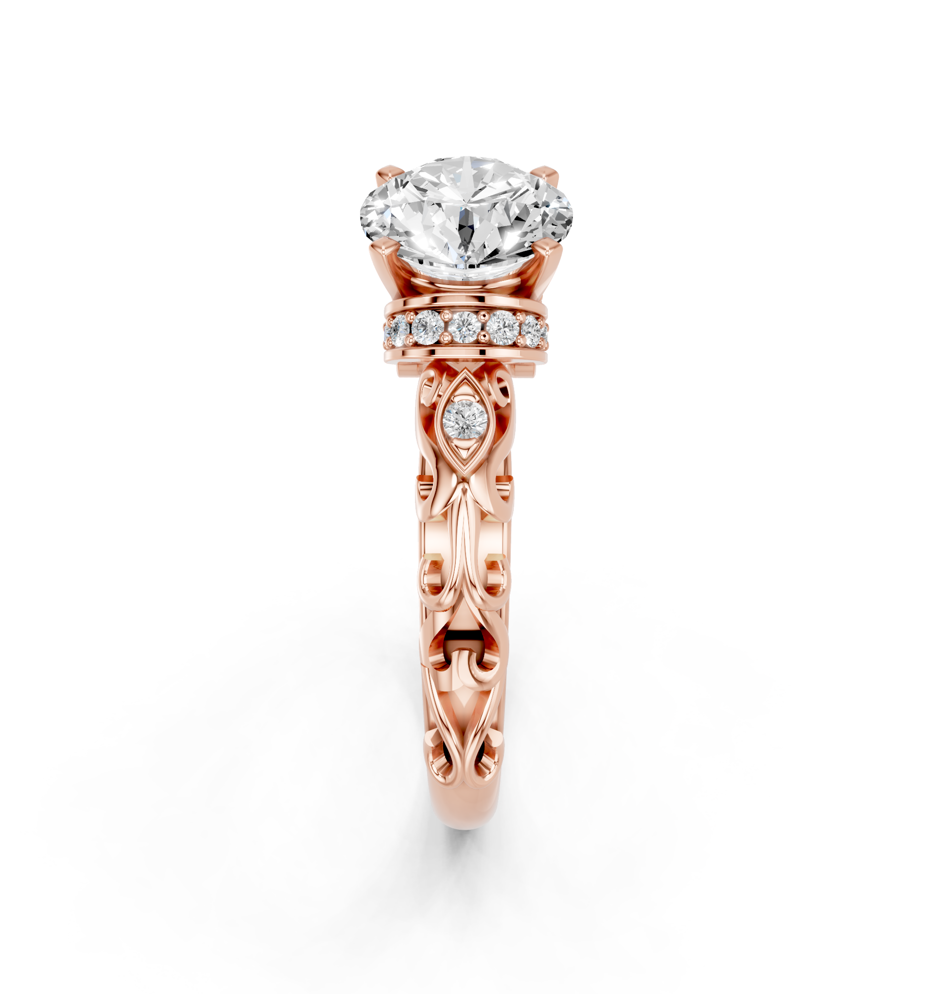 Rose gold Round Solitaire Diamond Ring with Filigree Band and Four-Prong Setting_9