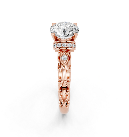 Rose gold Round Solitaire Diamond Ring with Filigree Band and Four-Prong Setting_9
