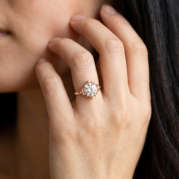 Rose gold Round Solitaire Diamond Ring with Floral Prong Setting and Classic Band