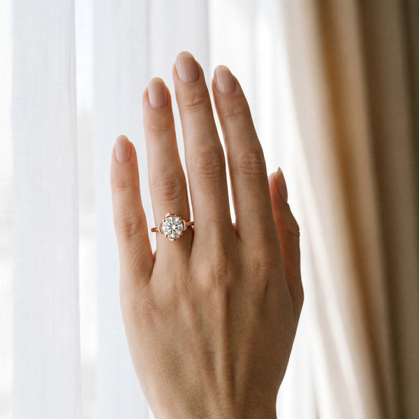Rose gold Round Solitaire Diamond Ring with Floral Prong Setting and Classic Band