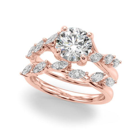 Rose gold Round Solitaire Diamond Ring with Marquise Side Stones and Prong Setting on a Split Shank Band 1