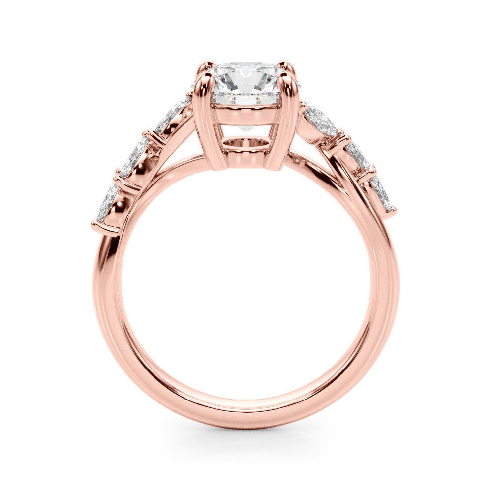 Rose gold Round Solitaire Diamond Ring with Marquise Side Stones and Prong Setting on a Split Shank Band 2