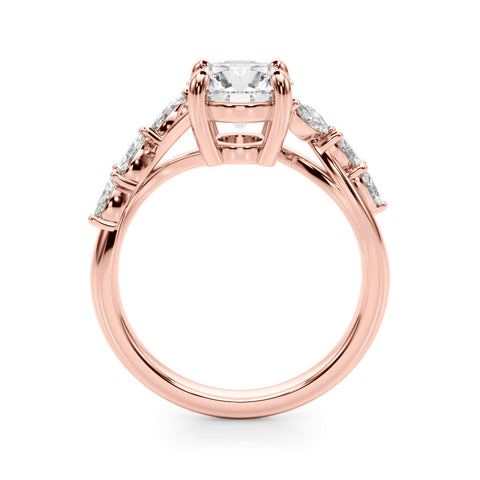 Rose gold Round Solitaire Diamond Ring with Marquise Side Stones and Prong Setting on a Split Shank Band 2