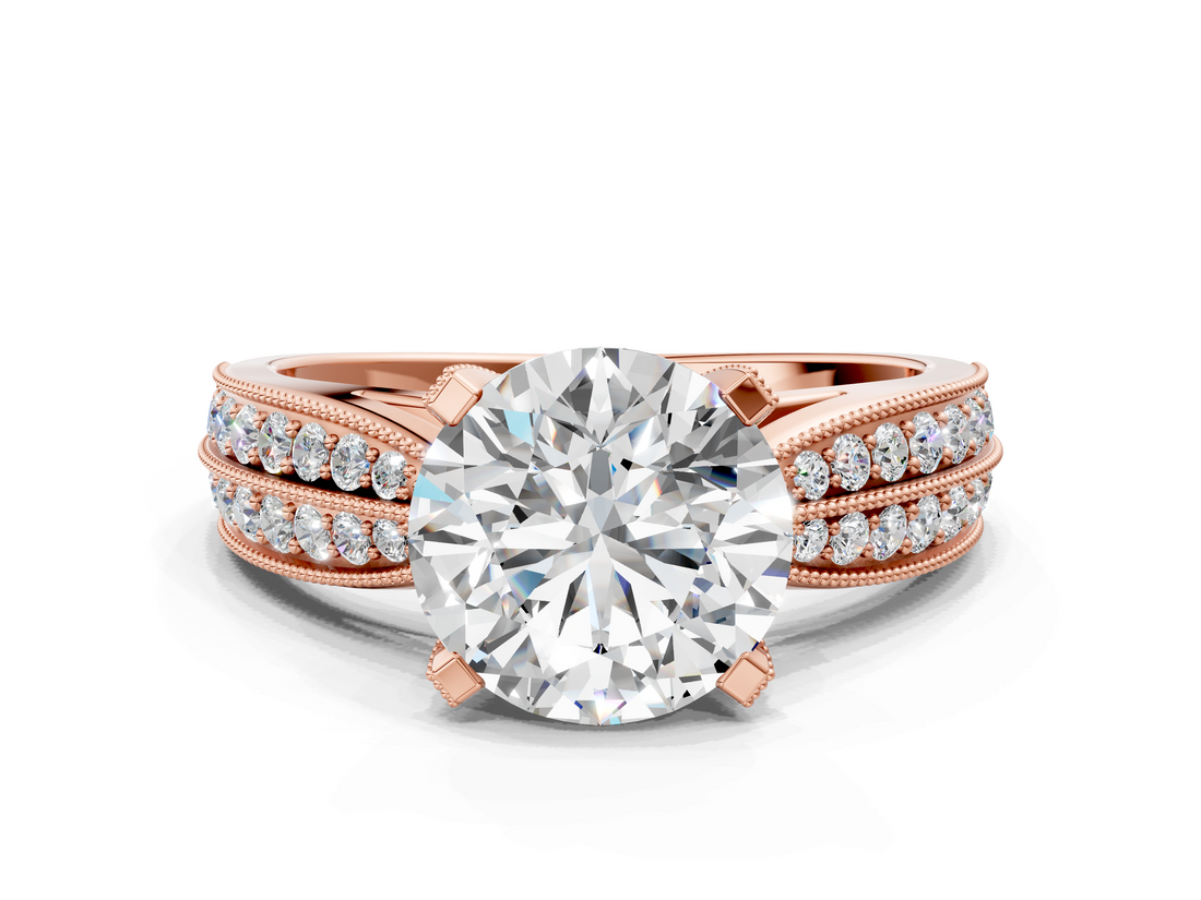Rose gold Round Solitaire Diamond Ring with Milgrain Pavé Band and Four-Prong Setting_174