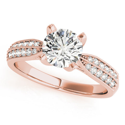Rose gold Round Solitaire Diamond Ring with Milgrain Pavé Band and Four-Prong Setting