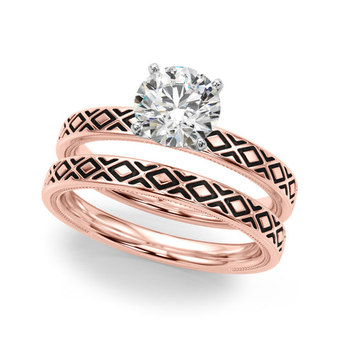 Rose gold Round Solitaire Diamond Ring with Milgrain and Black Enamel X Pattern Band 1