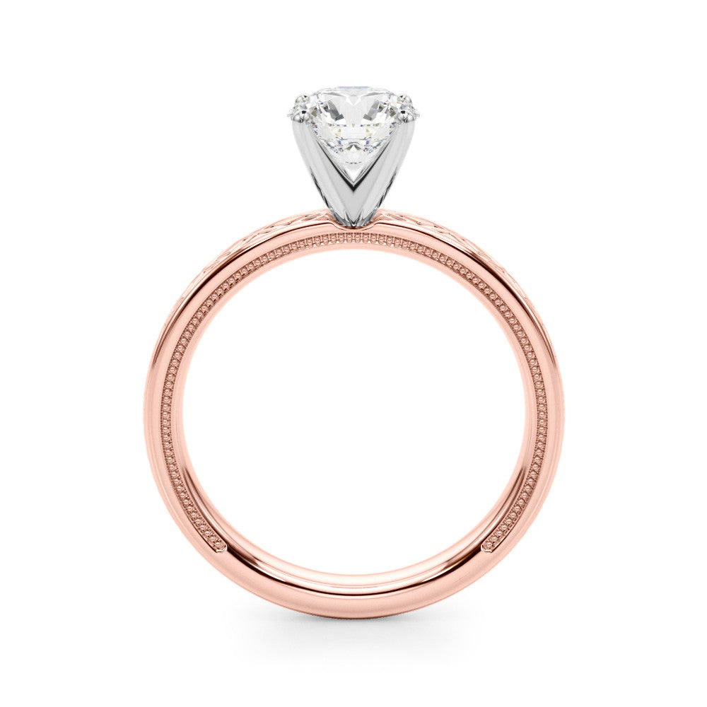 Rose gold Round Solitaire Diamond Ring with Milgrain and Black Enamel X Pattern Band 2