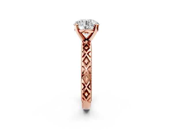 Rose Gold Round Vintage Solitaire Engagement Ring Setting with Milgrain X Pattern Band